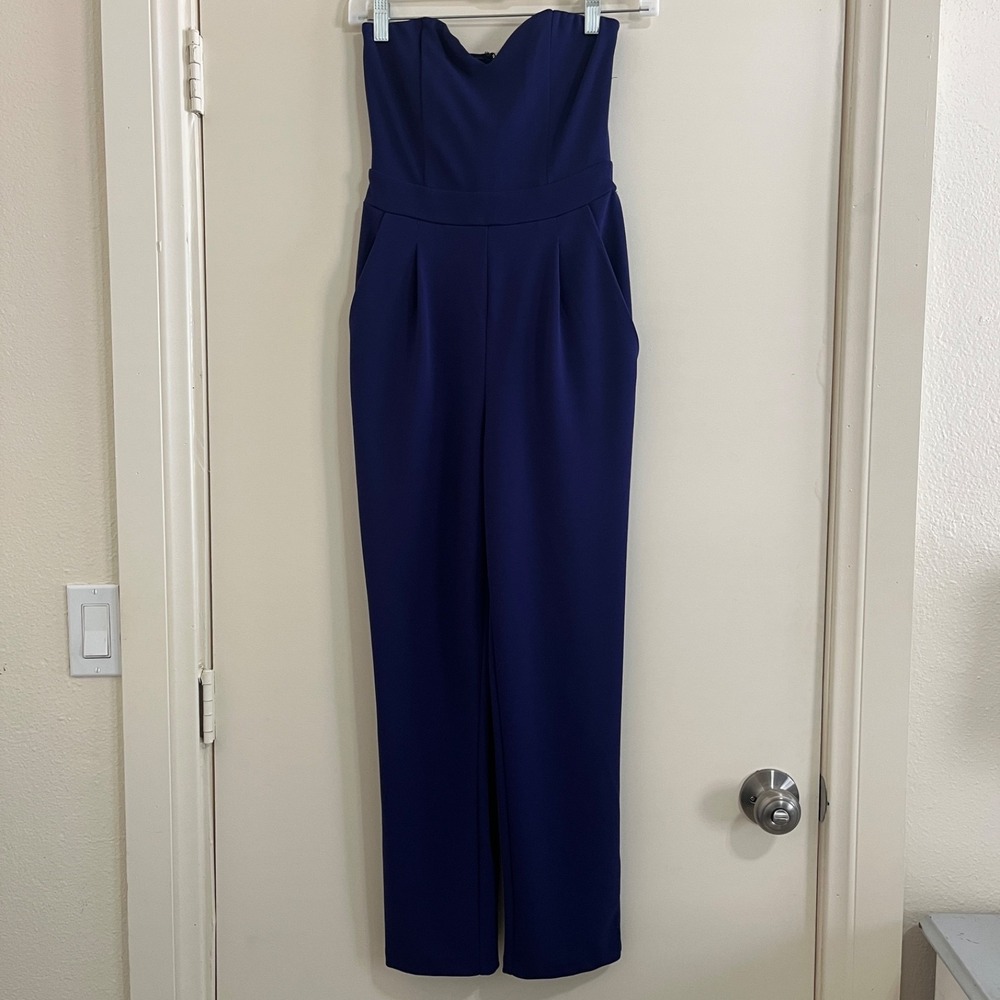 Express Womens Strapless Jumpsuit 00 Blue Sweetheart Boned Straight Leg Formal